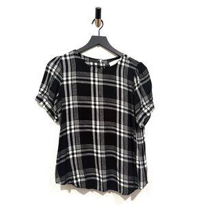 LOFT Plaid Cap Sleeve Blouse Black Button Back Crew Neck